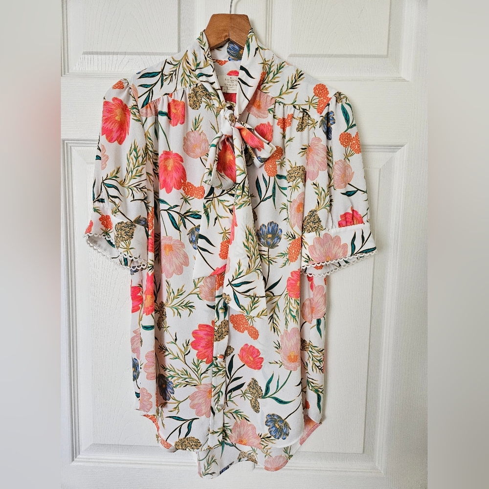 kate spade Floral Tie-Neck Blouse in White with Pink and Green